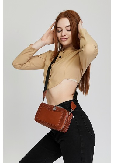 Morpelikan Taba Kroko İki Bölmeli Kadın Omuz Çantası Taba