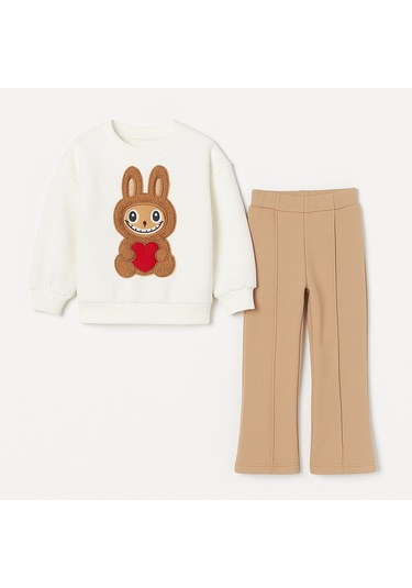 Kız Çocuk 3 İplik Şardonlu Peluş Baskı Detaylı Sweatshirt - Eşofman Alt Üst Takım Ekru