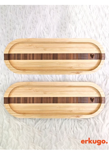 2 Adet Bambu Kalp Desenli Oval Servis Tabağı, Sunum Tabağı 25,5 X 9,5 Cm Bambu