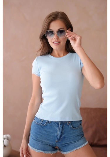 Dantel Detaylı Örme Body Bluz Mavi