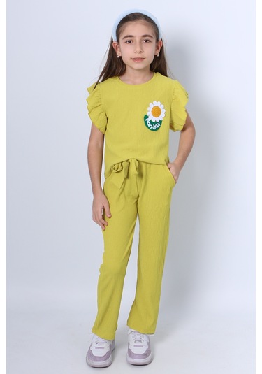 Kız Çocuk İkili Takım Fırfırlı Papatya Nakışlı F11 Yeşil