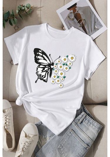 Pamuklu Papatya Kelebek Tasarım Tshirt Beyaz