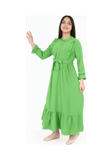 Kiz Cocuk Uzun Elbise Aerobin Keten Kumaş Tesettüre Uygun Uzun Boydan Elbise Erik Yeşili