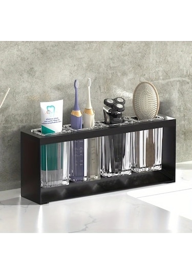 Fastbuy Dream011 Siyah 4'lü Silindir Tutucu, Dahili Tahliyeli Banyo Düzenleyici, Su Filtreli Bardak, Diş Fırçası Macunu Tutuc Siyah