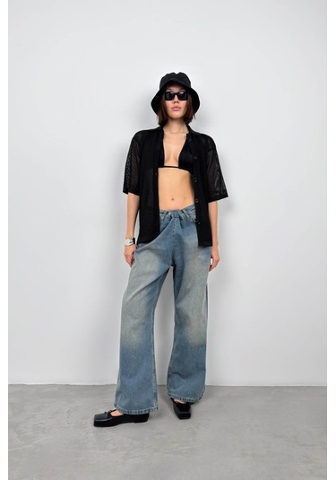 Munn Collection Polo Yaka Fileli Bluz Siyah