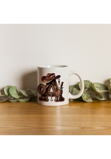 A Harfi Kovboy Temalı Bardak 330 Ml İsim / Harf Kişiye Özel Hediye - Vahşi Batı Konsept Beyaz