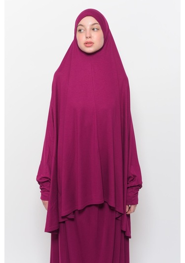 Pratik 2 Parça Pamuklu Yarasa Kollu Başörtülü Tesettür Namaz Elbisesi Koyu Fuşya Antrasit
