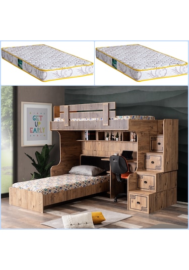 Setaymobilya Ranza, Natural Ranza Karyola Çalışma Masası + 2 Comfort Yatak