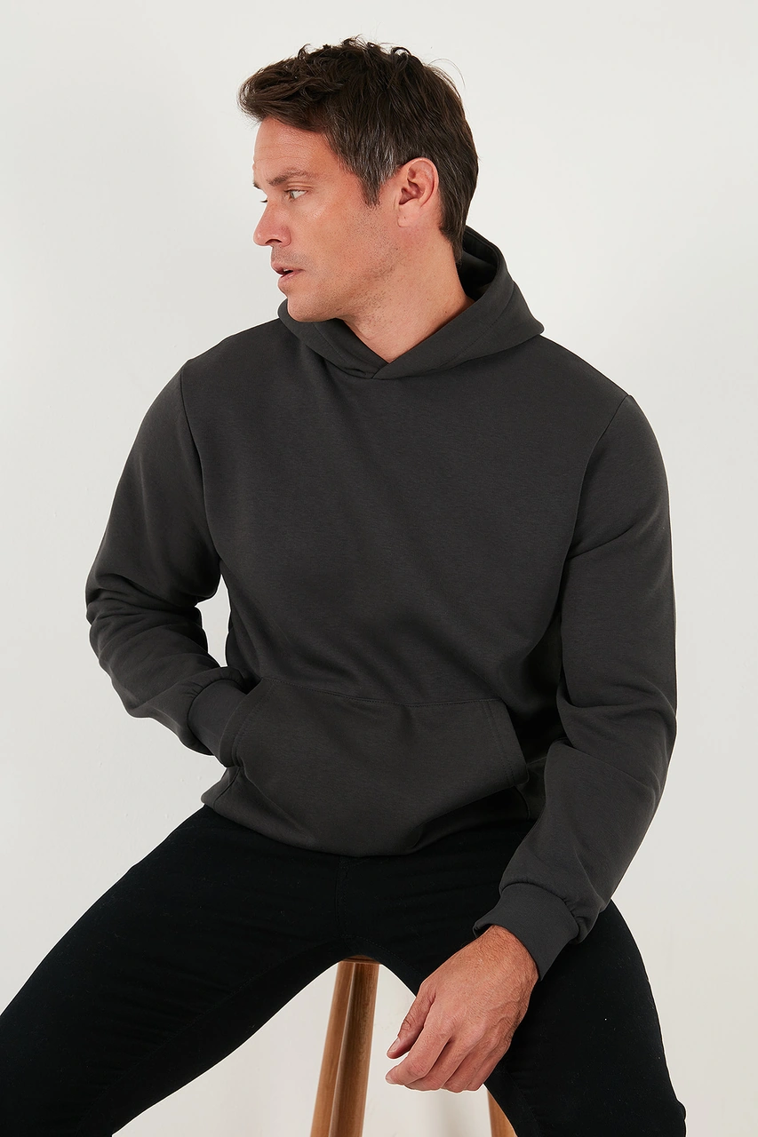 Buratti Regular Fit Kapüşonlu Kanguru Cepli Içi Tüylü Yumuşak Şardonlu Erkek Sweat 5905281 Füme