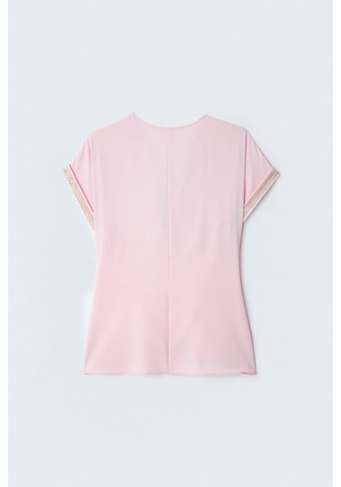 Sateen Kollar Taş Detaylı Salaş Bluz - Pembe-137392