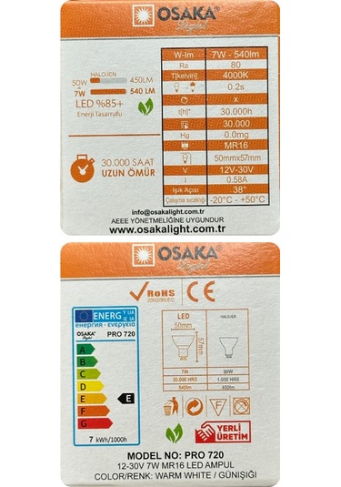 5 Adet Osaka 12volt 7w 50w Sarı 3000k Gu5.3 Duylu İğne Bacak Led Spot Ampul