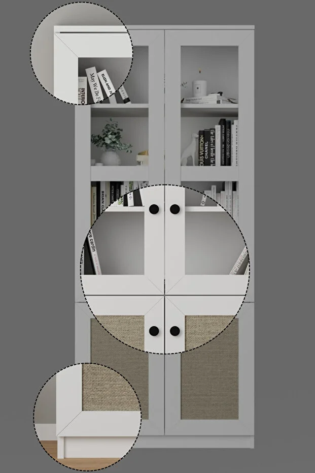 Lisa Kumaş Desenli 4 Kapaklı Beyaz Vitrin - Kitaplık Ve Çok Amaçlı Dolap Beyaz