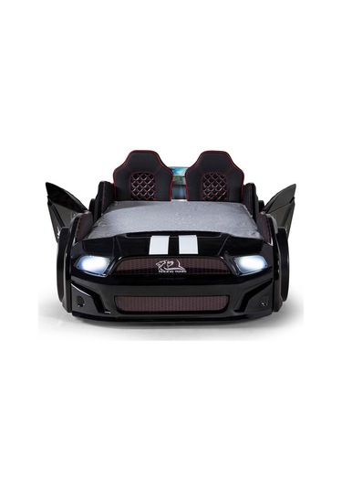 Bazalı Arabalı Yatak Siyah Kapıları Açılan Mustang Full Ledli Kumandalı Ve Müzikli + Ortopedik Yatak 90x190 Cm