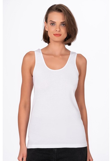 Kadın Pamuklu Ribana Esnek Biyeli Kalın Askılı Örme Atlet Beyaz K0111-beyaz