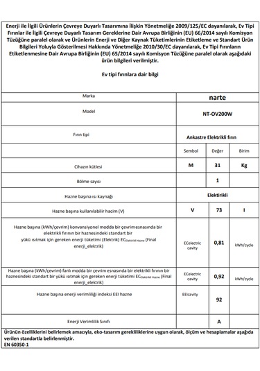 Narte OV200W 73 L Elektrikli Ankastre Fırın