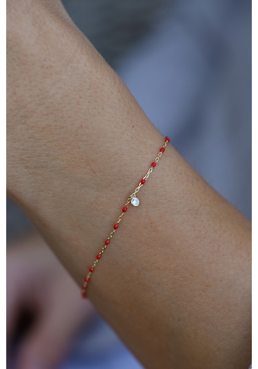 Yenigün Kuyumculuk 14 Ayar Altın Kırmızı Boncuklu Ve Tek Taş Detaylı Bileklik Sarı Altın