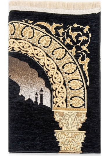 Taç Mahal Desenli Şönil Seccade - Siyah Renk