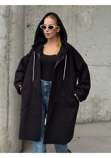 Kapüşonlu Fermuarlı Uzun Ceket Siyah