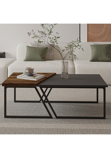 Verona İkili Orta Sehpa Modern Tasarım Metal Ayaklı Sehpa Seti Antrasit/antik Ceviz