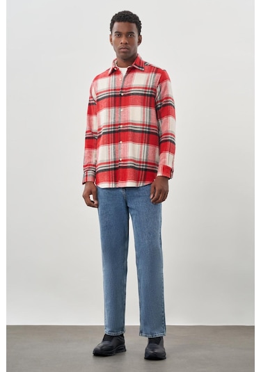 Koyu Kırmızı Yünlü Ekose Desen Yumuşak Yaka Cepsiz Uzun Kol Casual Comfort Fit Gömlek 1004245227 Koyu Kırmızı