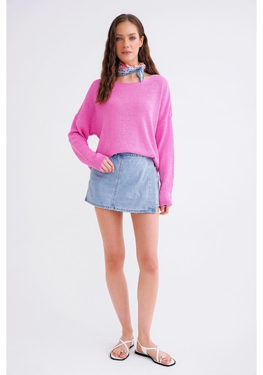 6933 Kadın Kayık Yaka İnce Mevsimlik Triko Kazak Pembe Pembe