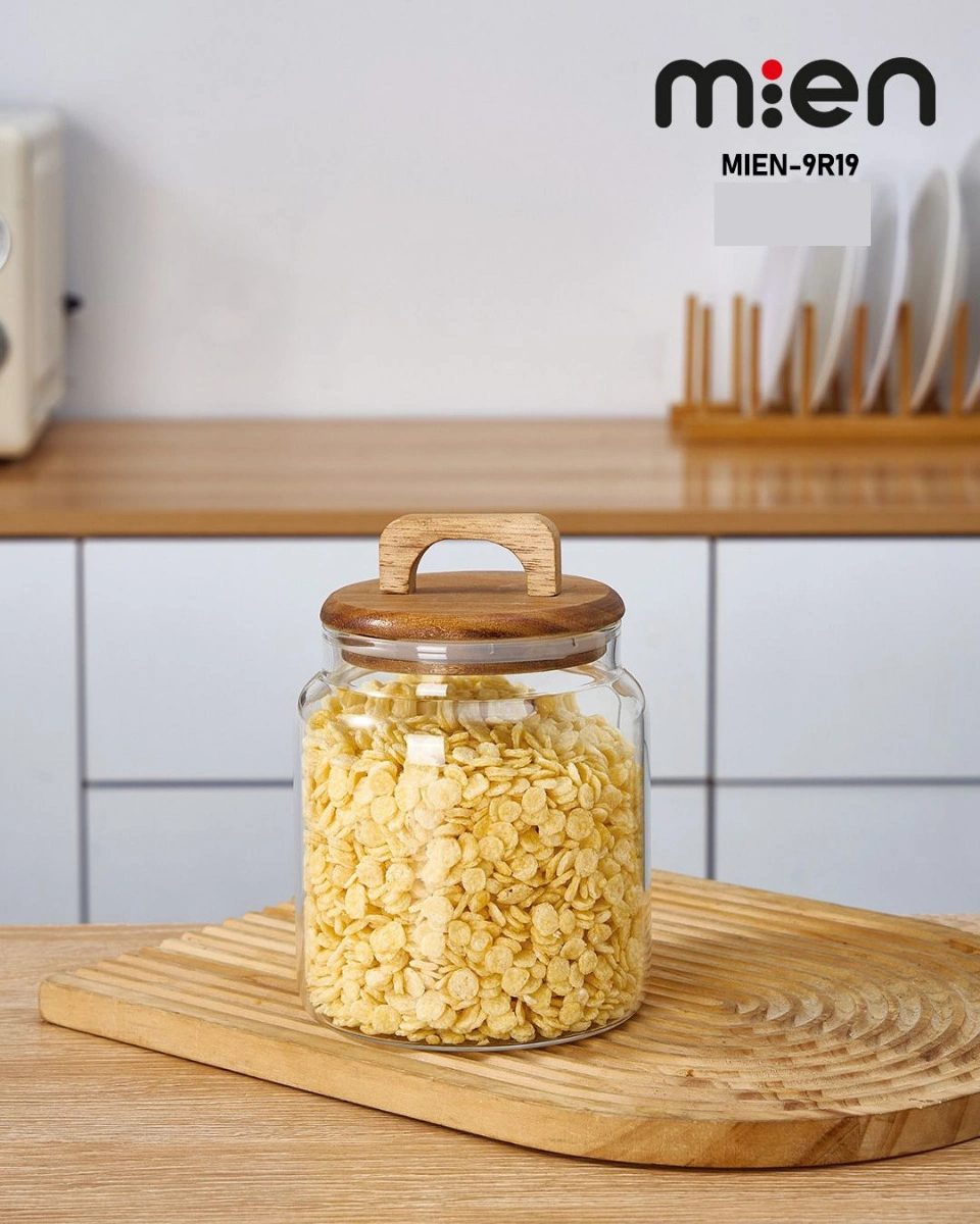 Mien Akasya Kapaklı Borosilikat Cam Kavanoz 1150 Ml Ahşap - Şeffaf