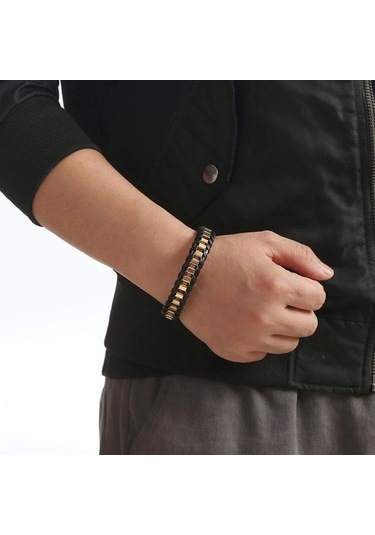 Novahub Altın Erkekler İçin Hakiki Deri Zincir Bileklik Kaplama Takı Paslanmaz Çelik Toka Altın 21.5cm Kişiselleştirilmiş Altın