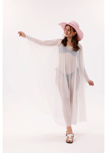 Tarzını Seç Kimono Pareo - Tesettür Pareo - Esnek Likralı Tül Beyaz 240x135 Cm Çok Renkli