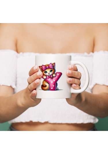 Y Harfli Bardak, Sevimli Kedili Pembe Tasarım Bardak, Arkadaşa Aileye Hediye Porselen Beyaz