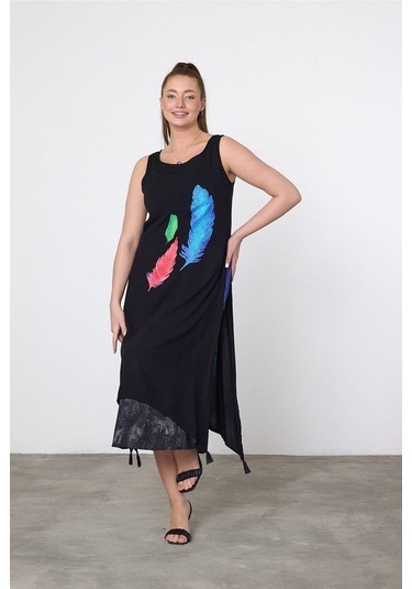 Schık Schık Kadın Yazlık Bol Kolsuz Rahat Baskılı Elbise Turkuaz