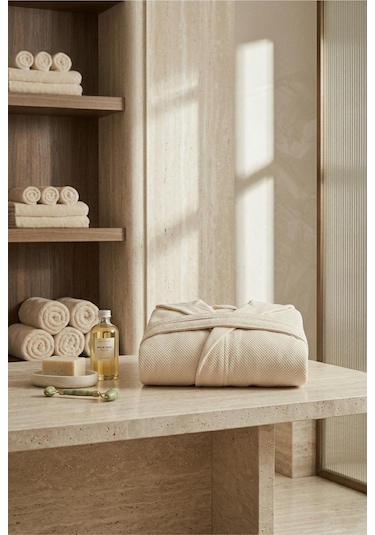 Soft Comfort Lacost Örgü Unisex Kapüşonlu Bornoz Bej
