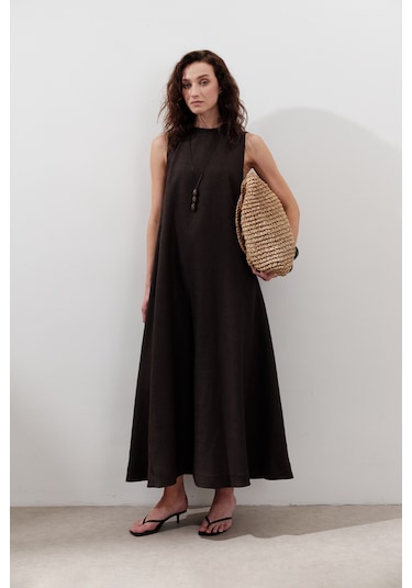 Keten Büzgülü Geniş Elbise Acı Kahve Acı Kahve