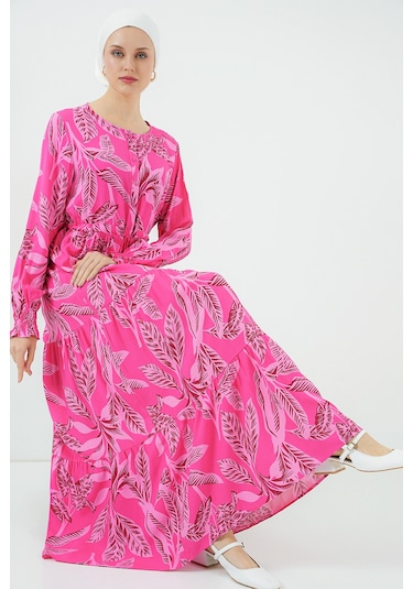 Bigdart 2145 Desenli Tesettür Elbise - Fuşya