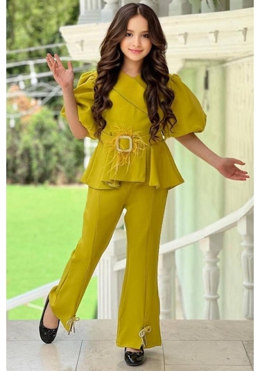 Riccotarz Kız Çocuk Fermuar Ve Kemer Detaylı Kruvaze Yaka Hardal Alt Üst Takım 001