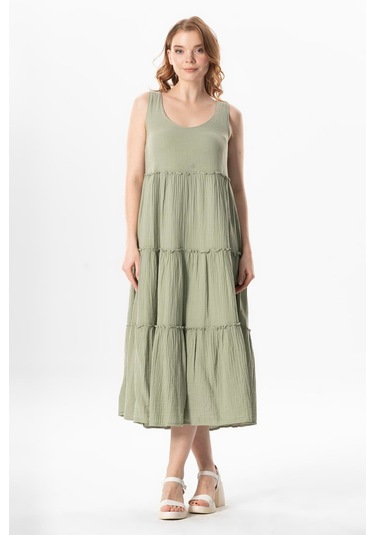 Kolsuz Artemis Oval Yaka Yıldız Baskılı Midi Boy Müslin Yazlık Elbise Zeytin Yeşili Zytnysl Zeytin Yeşili