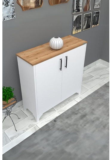 %100 Mdf 2 Kapaklı Küp Üstü Desenli Ayakkabılık Beyaz