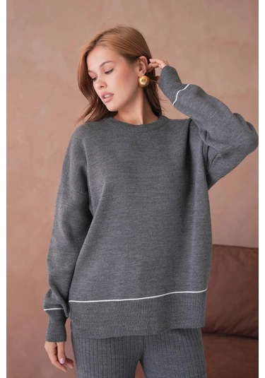 Kadın Bisiklet Yak Adüşük Kol Kazak Fitilli Pantolon İkili Triko Takım Antrasit