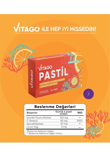 Vitago Vitamin C + İzlanda Yosunu + Zencefil Eki 16 Pastil
