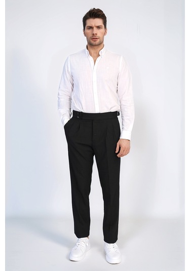 Siyah Çift Pileli Tokalı Yüksek Bel Slim Fit Pantolon Wessi Siyah