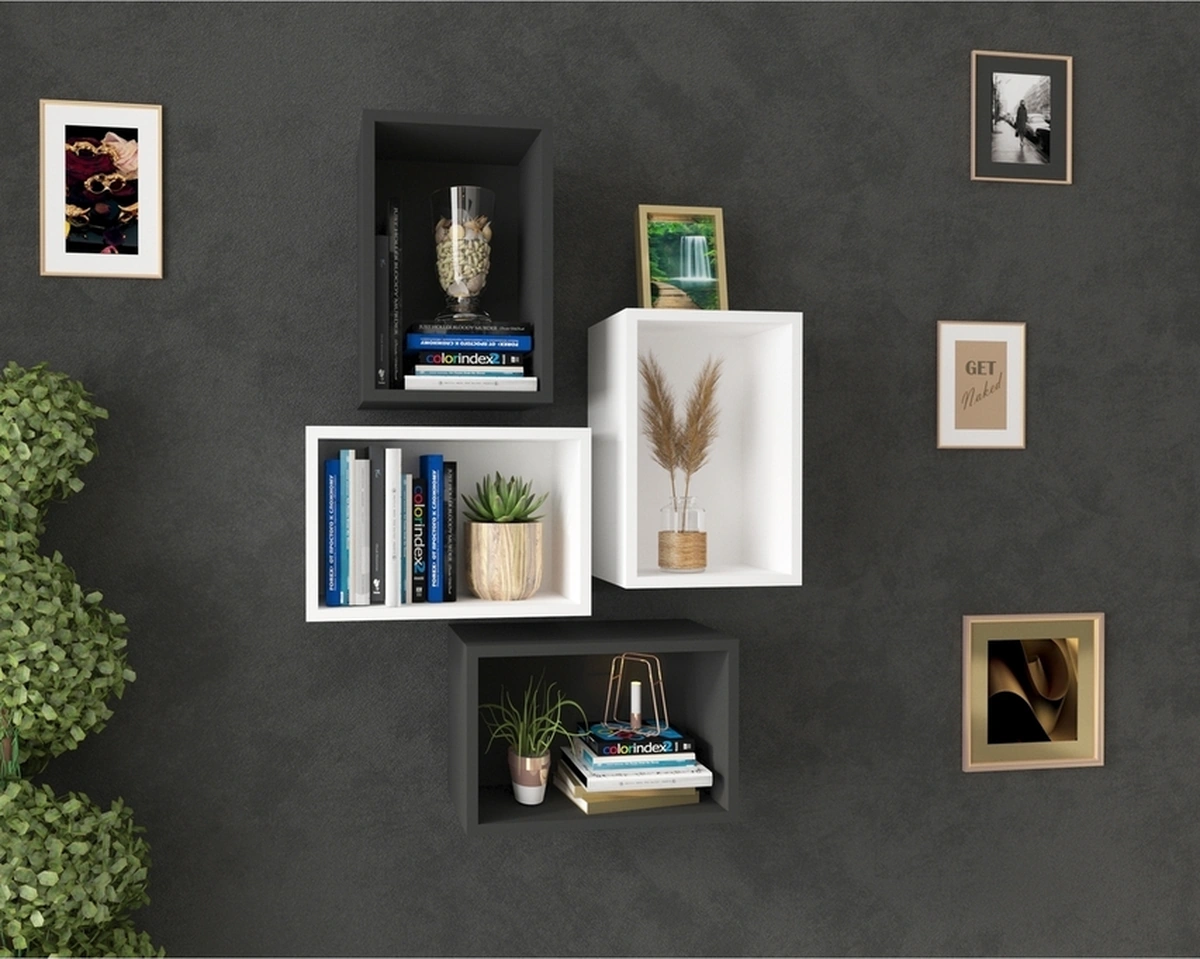 Kitaplık Dikdörtgen Duvar Rafı Arkalıklı Mobilya Takım Beyaz Antrasit Beyaz Antrasit