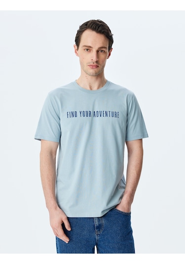 Koton Bisiklet Yaka Regular Fit Pamuklu Kısa Kollu Slogan Baskılı Tişört Mavi 5sam10087hk Mavi