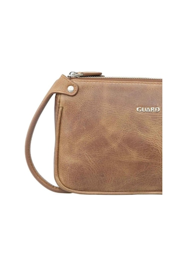 Guard Antik Taba Unisex Çift Fermuarlı El Çantası Hakiki Deri