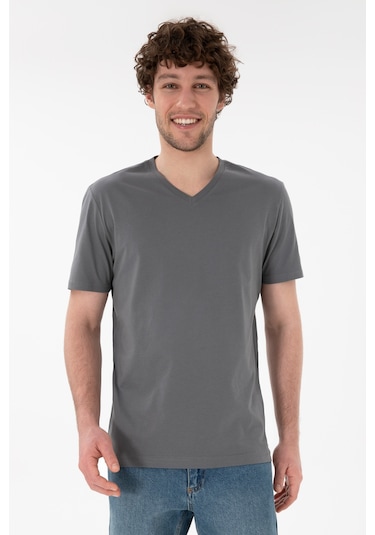 U.S. Polo Assn. Erkek Regular Fit  V Yaka Gri Basic Tişört 50305858-VR024