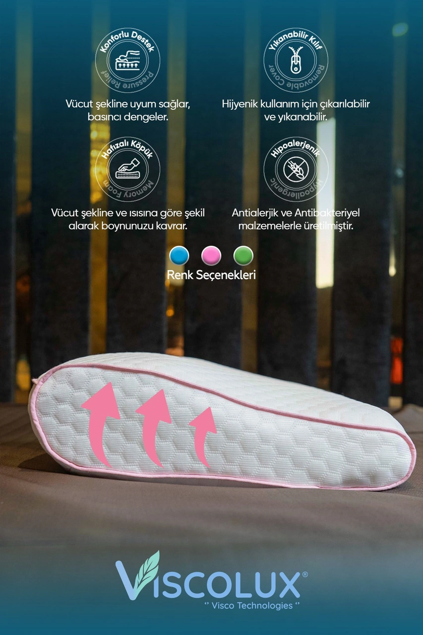 Servikal Boyun Destekli Ortopedik Yastık - Boyun Düzleşmesi Visco Yastık 56x34x10,5 Pembe