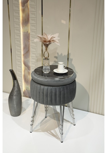 Bianco Metal Ayaklı Sehpalı Puf Krom Antrasit Gri Chrome Anthracite Gray