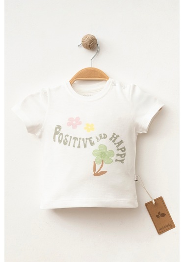 %100 Pamuklu Posıtıve Flower T-shirt Ekru