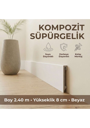 Espumo Kompozit Süpürgelik 8 cm Beyaz | Suya Dayanıklı Parke Duvar Süpürgelik 2,40 m ESP201