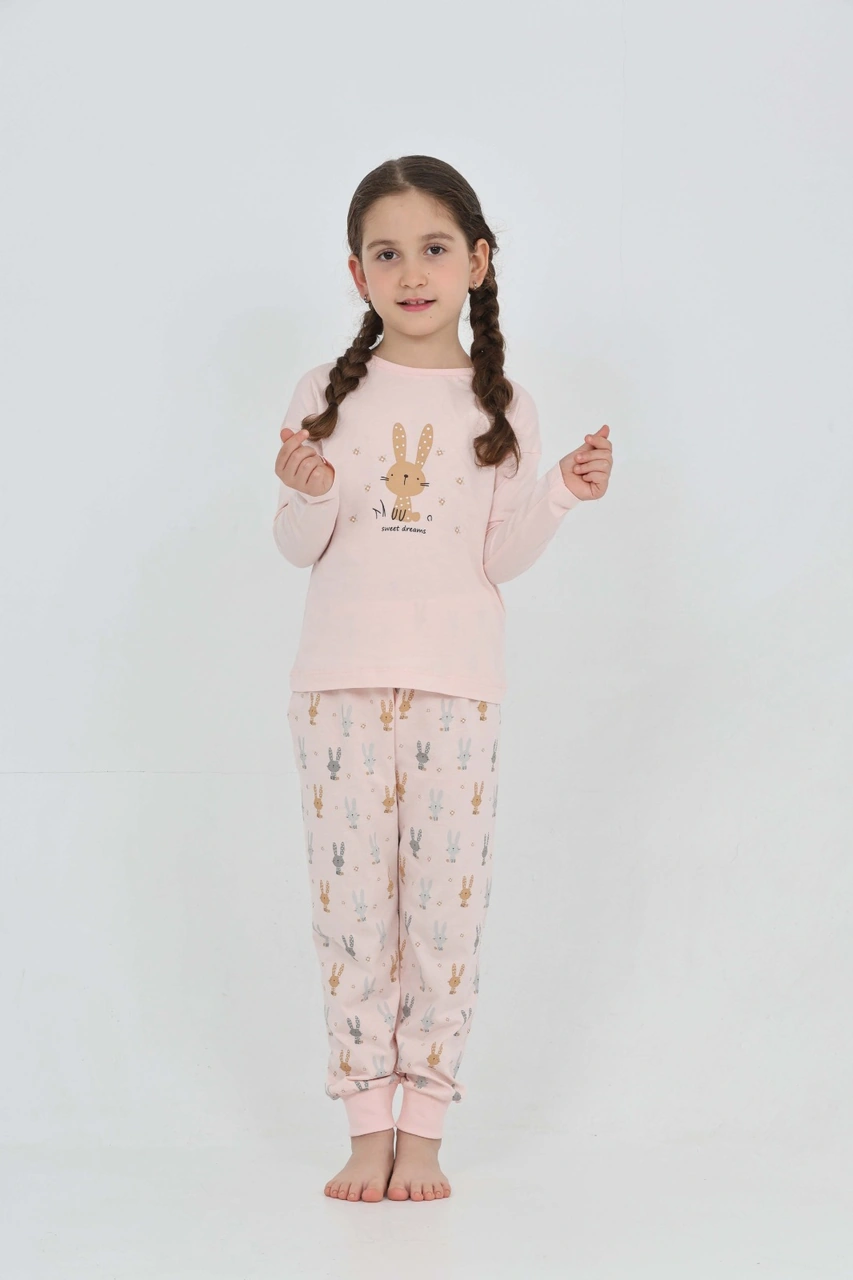 Toontoy Kız Çocuk Tavşan Baskılı Pijama Takım Pudra