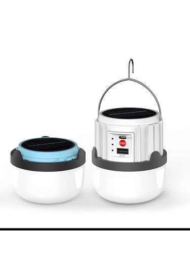 Solar Işıldak Şarjlı Kamp Feneri Usb + Çift Renk Yanma Askılı Solar Kamp Lambası 30w Beyaz - Mavi
