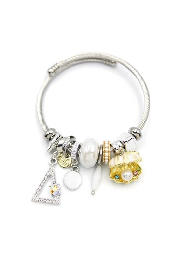 Çelik Charmlı İncili Deniz Kabuğu Bilezik - Beyaz Çok Renkli